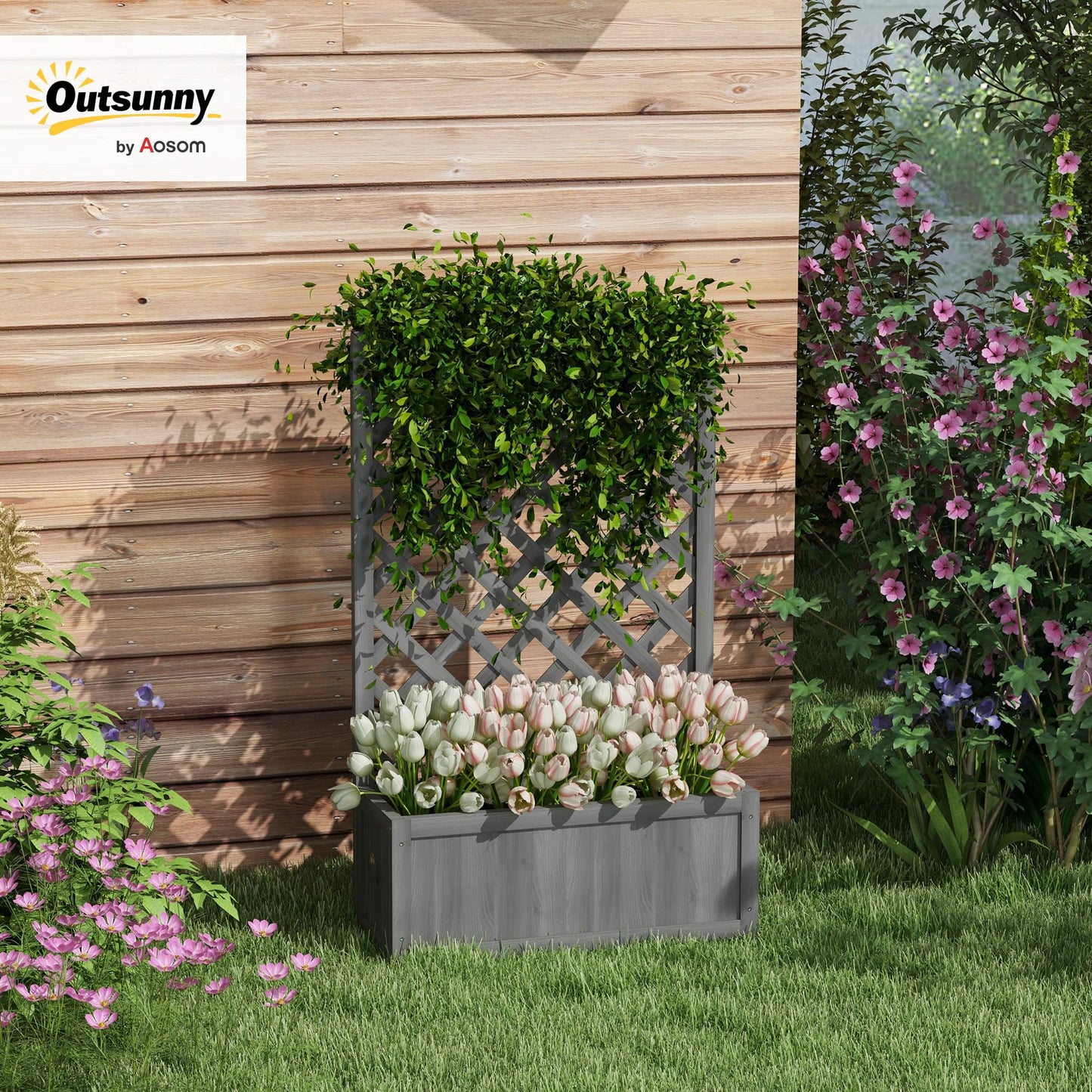 Outsunny Wooden Raised Garden Bed with Trellis, 46" Planter Box, to Grow Vegetables, Herbs, and Flowers for Backyard, Patio, Gray