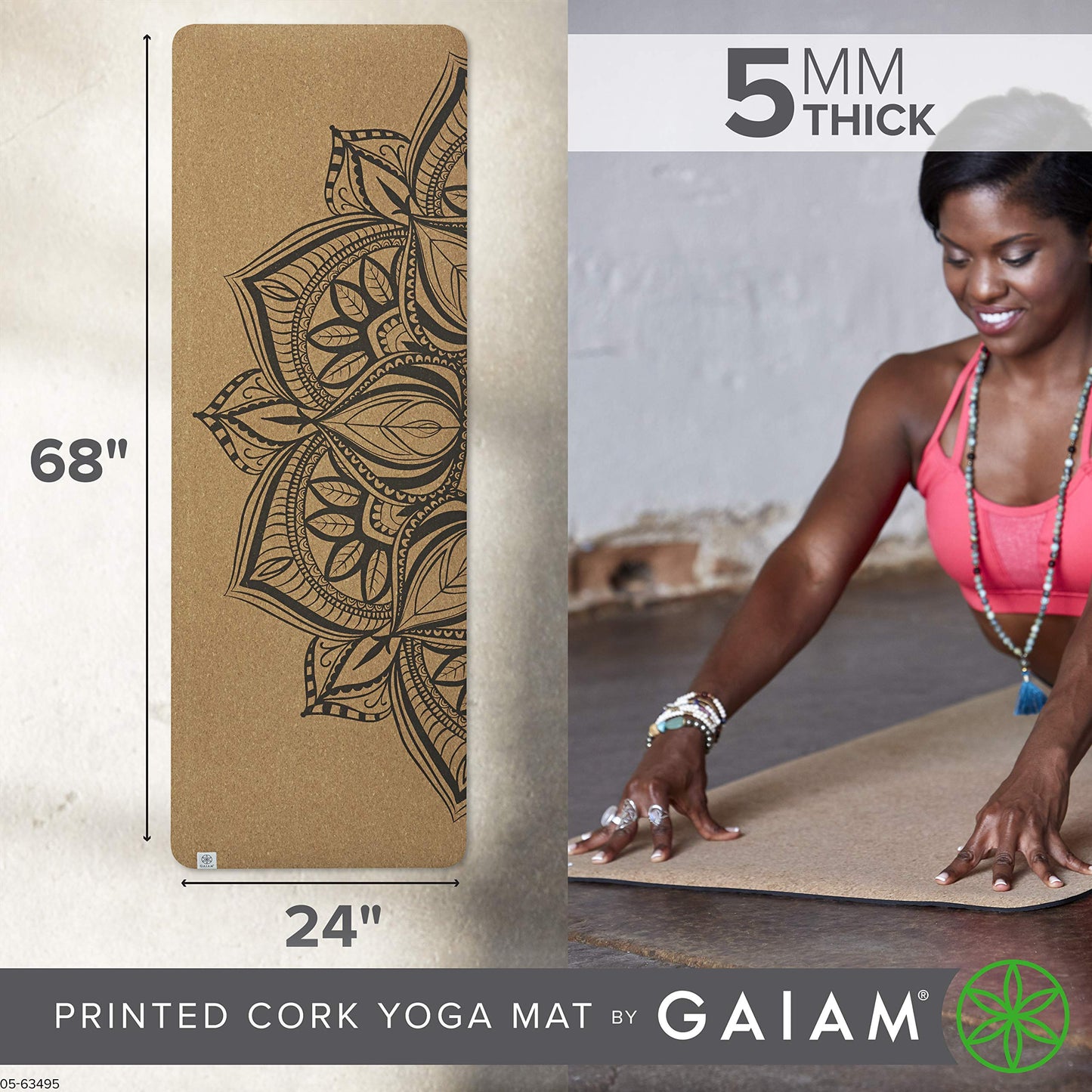 Gaiam Cork Yoga Exercise Mat | Natural Sustainable Cork Resists Sweat and Odors | Non-Slip TPE Backing Prevents Slipping| Great for Hot Yoga, Pilates, Fitness Working Out (68" x 24"x 5mm Thick)