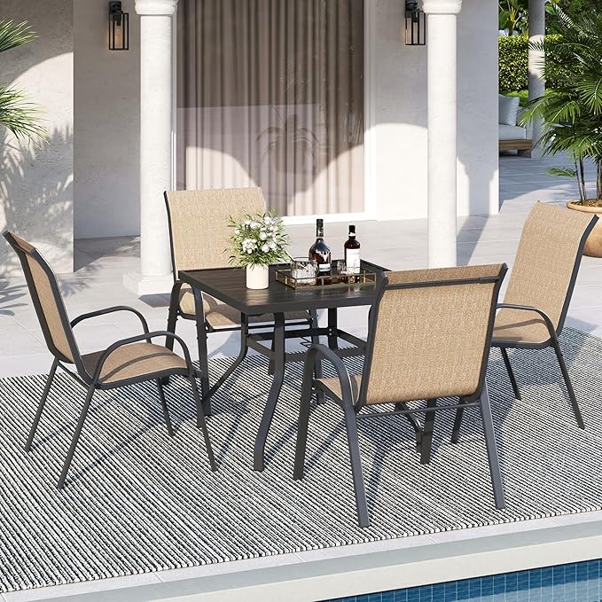 Patio Dining Chairs Set of 4, Outdoor High Stacking Chairs for All Weather, Breathable Seat Fabric and Alloy Steel Frame for Backyard, Porch, Garden (Brown)