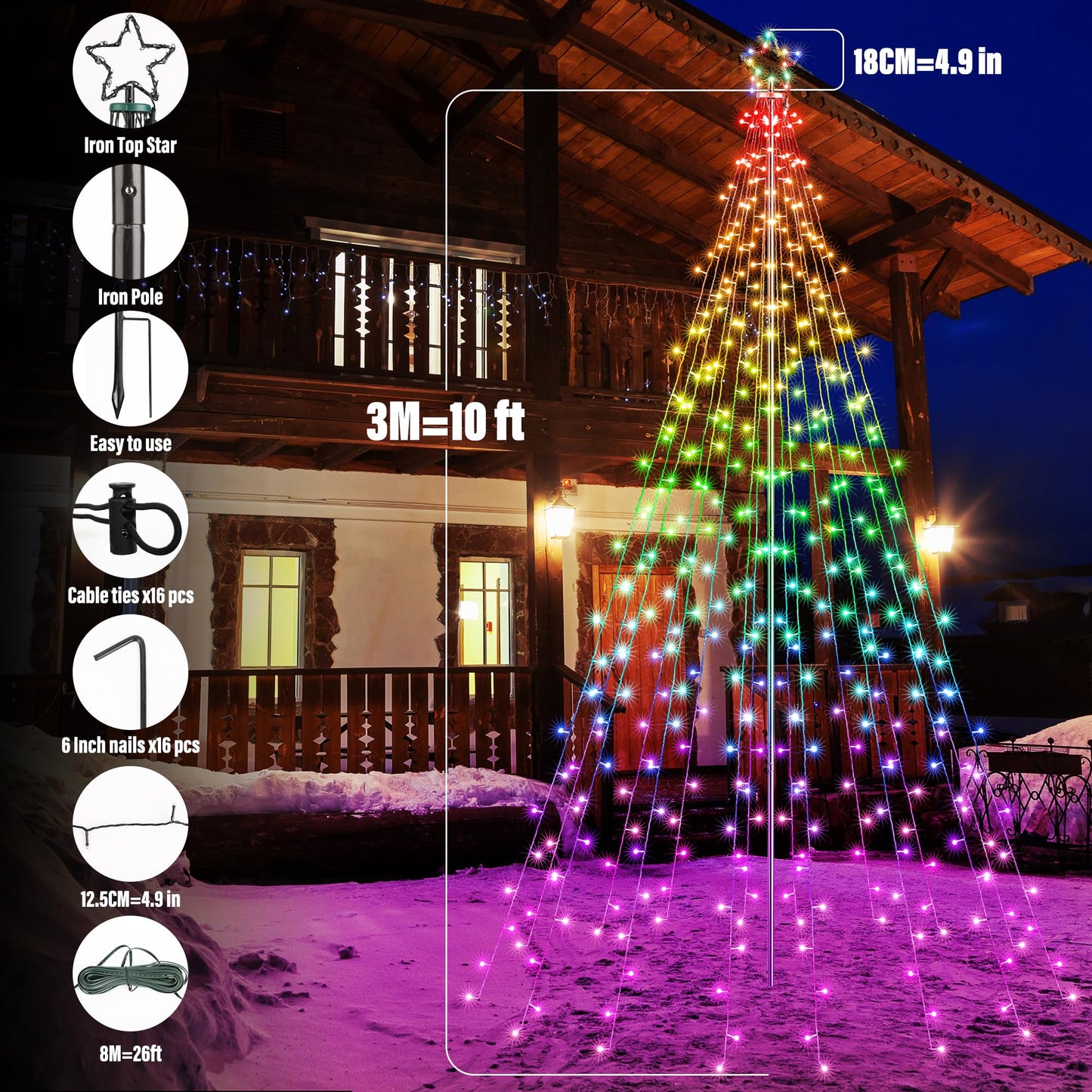 Flacchi Outdoor Star String Lights - Pole Set with Remote, Multiple Lighting Modes, Timer, and Waterproof Feature for Ultimate Holiday Decor (RGB, 10 FT/408LED)
