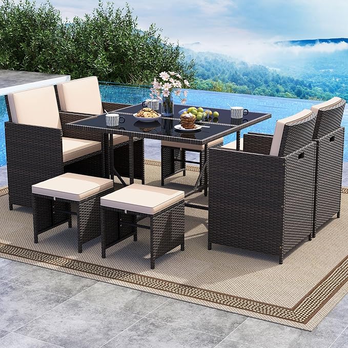 Tangkula 9 Piece Patio Dining Set, Rattan Chairs
