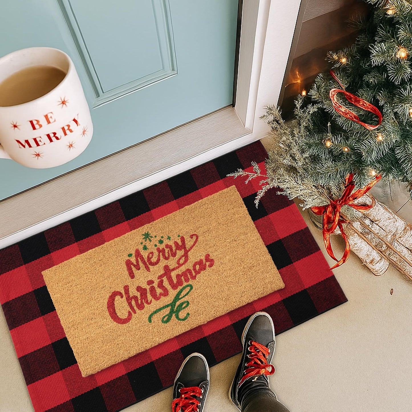 Christmas Door Mat Combo Set - 100% Coco Coir Welcome Mat + 28 x 43 Inch Red and Black Plaid Rug, New Year Holiday Christmas Collection Doormat for Front Porch Entryway Decor