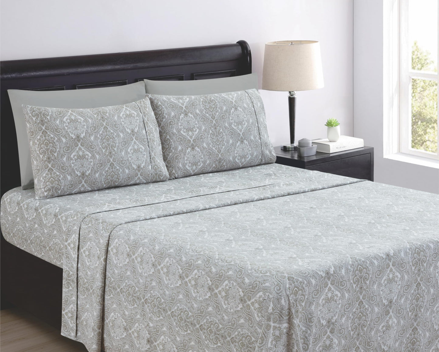 Spirit Linen home 6-Piece Queen Size Bed Sheet Set - Deep Pocket, Paisley Pattern, Soft and Breathable Bed Sheets, Microfiber Material, Includes 1 Fitted, 1 Flat, 4 Pillowcases - Light Grey Paisley