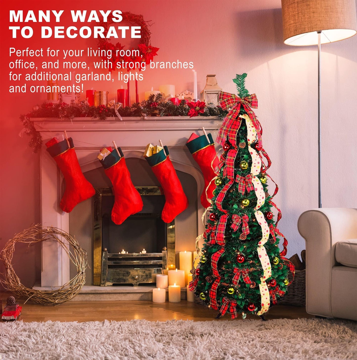 6ft Pop up Christmas Tree - Fully Decorated Pre-Lit Pull Up Tree Includes Storage Bag, Ornaments, Ribbon, Pinecones, Stand, and Warm UL Lights