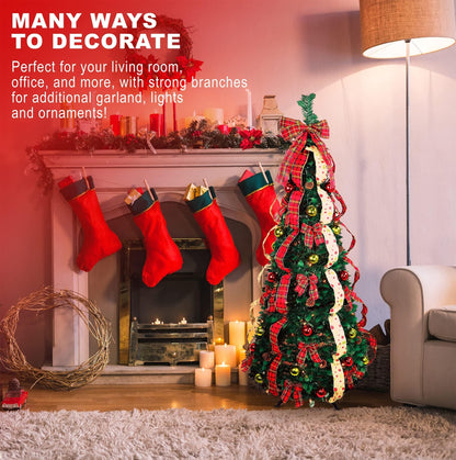 6ft Pop up Christmas Tree - Fully Decorated Pre-Lit Pull Up Tree Includes Storage Bag, Ornaments, Ribbon, Pinecones, Stand, and Warm UL Lights