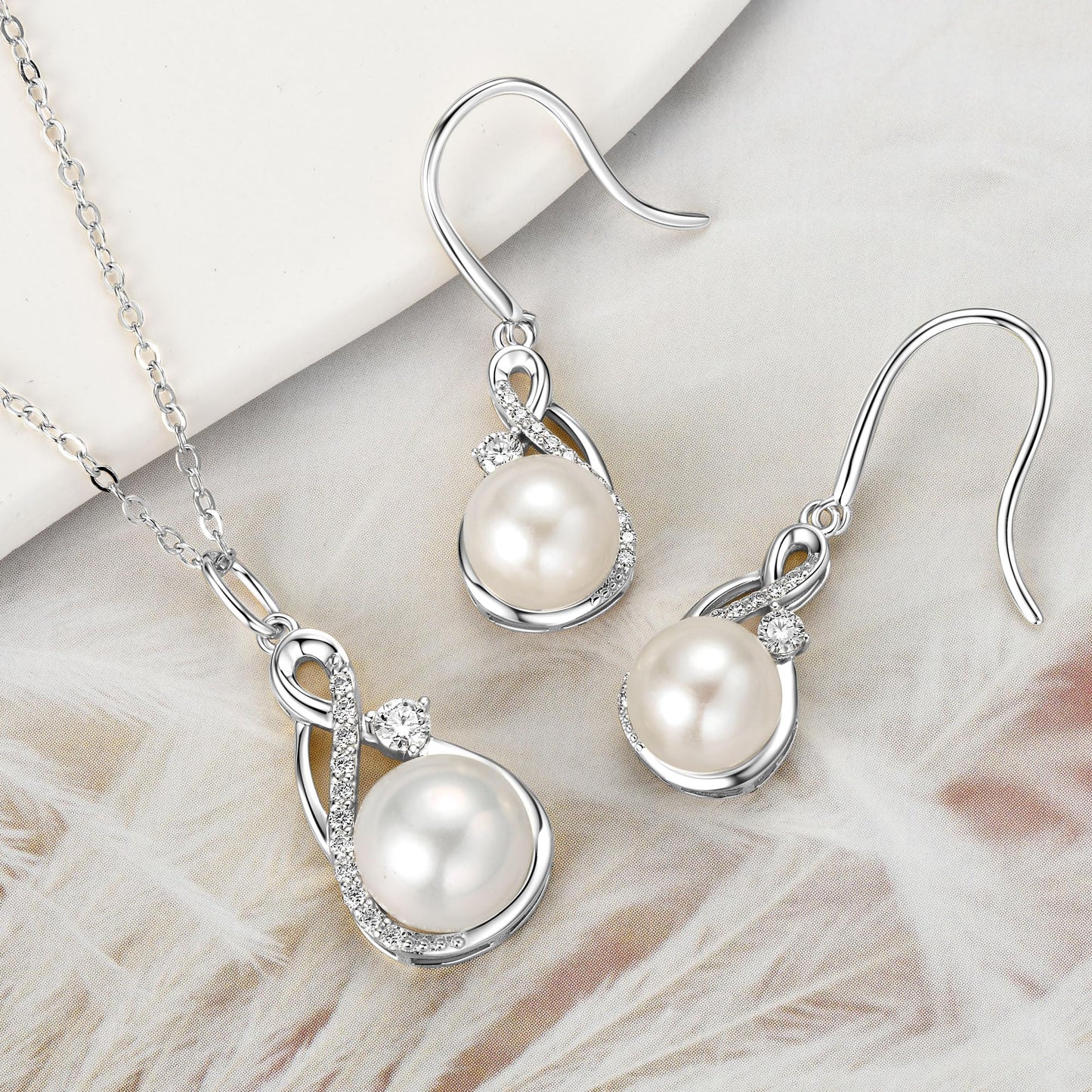DENGGUANG Sterling Silver Pearl Jewelry Set with Moissanite, Real Freshwater Pearl Earrings Necklaces for Women, Wedding Jewelry for Brides Bridesmaid, Mother's Day