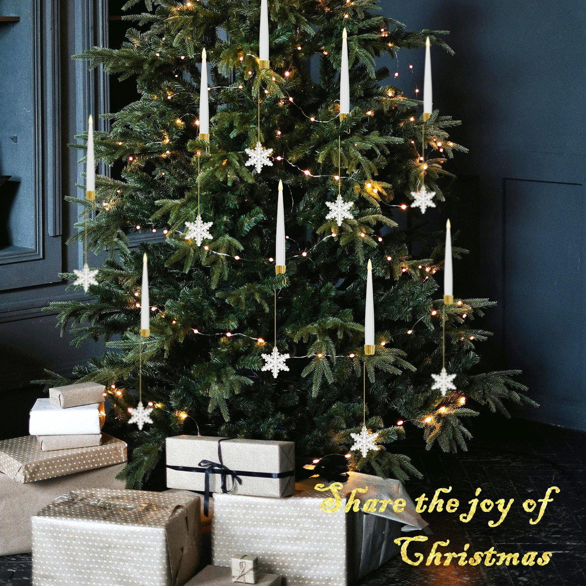 JOIONE Flameless Christmas Tree Candles with Remote, 12 Pack Battery Operated LED Candles for Christmas Tree Flickering Flame for Xmas Indoor Decor - Acrylic Snowflake