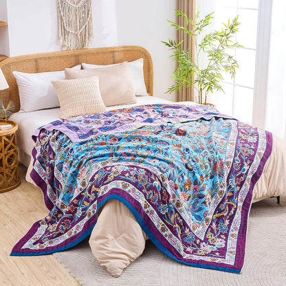 XIBLC Fall Blanket for Bed, 100% Cotton Soft Rustic Boho Throw Blanket Quilt, 60"x80" Farmhouse Decor Bed Flower Blankets, Light Weight Reversible Bohemian Throw Quilt