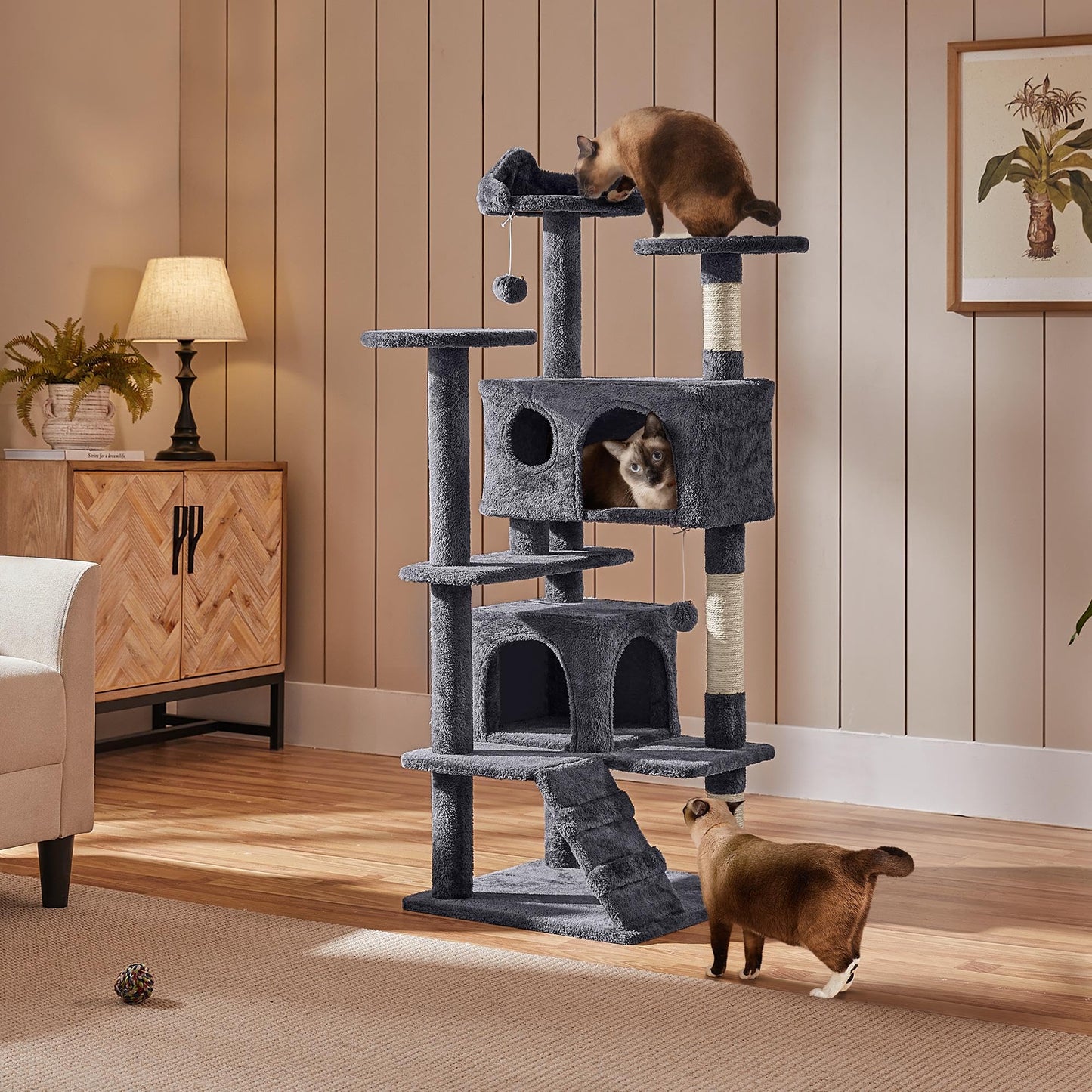 Yaheetech 138.5cm Cat Tree Tower Scratching Posts Multilevel Cat Climbing House with Condos & Ladder Pet Activity Centre for Indoor Kittens, Dark Grey