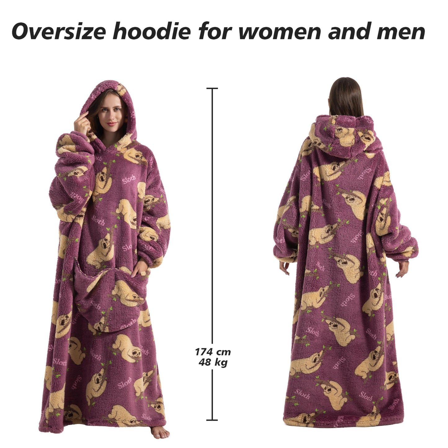 Capecage Blanket Hoodie, Long Hooded Blanket Sweatshirt as Birthday Gifts for Women Men, Long Wearable Blanket for Men Women.(Sloth)