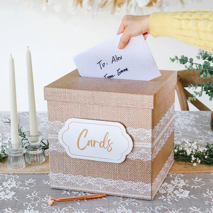 Kate Aspen Rustic Burlap & Lace Gift/Wedding Card Box, Money Box, Farmhouse Wedding Decorations For Reception - Also Perfect for Boho Baby Showers, Birthdays, Graduation