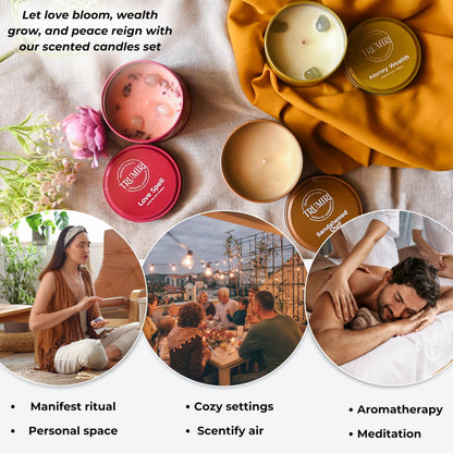 Love Spell, Money Wealth, Sandalwood Oud - Soy Candles Non Toxic - Highly Scented Long Lasting with Essential Oils - Variety Pack of 3 x 5oz - for Home Aromatherapy Meditation Gift Travel
