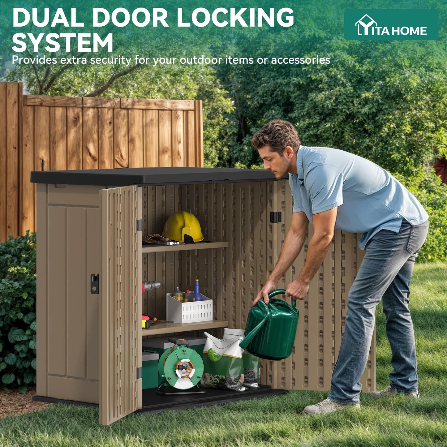 YITAHOME Outdoor Storage Cabinet with 2 Shelves, Waterproof Resin Horizontal Tool Shed, Lockable 15 cu. ft. Storage Shed for Patio, Garden, Yard, Brown