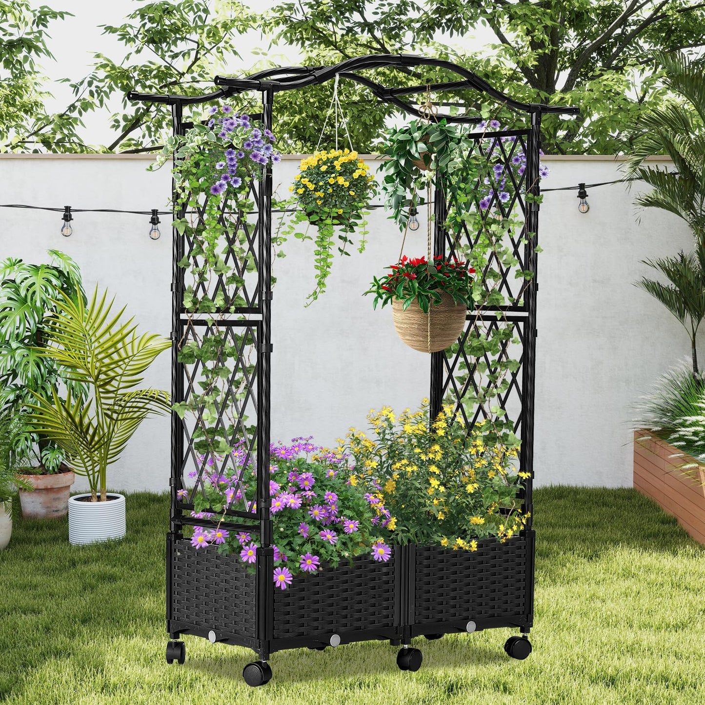 yotoworth Planter Box with Trellis Outdoor, Plastic Raised Garden Bed Trellis Planter Box with Wheels and Drainage Hole for Patio Balcony Backyard Indoor Flower Vegetable Tomato, Black