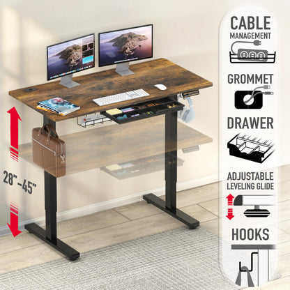 SHW 48-Inch Electric Height Adjustable Standing Desk with Drawer, Memory Preset and Cable Management Tray, Rustic Brown