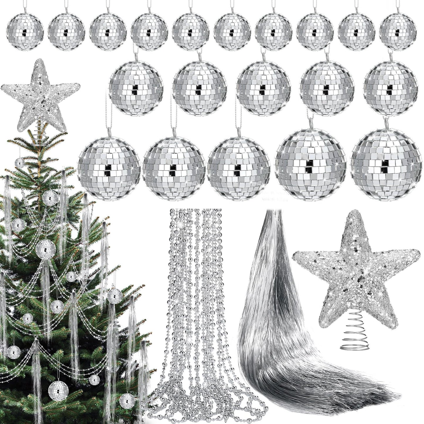 Thyle 10022 Pcs Disco Christmas Decor 20 Mirror Disco Balls 10000 Silver Tinsel Icicle Strands Glittered Star Tree Topper Ornaments 10 Meter Beaded for Christmas Party Supplies