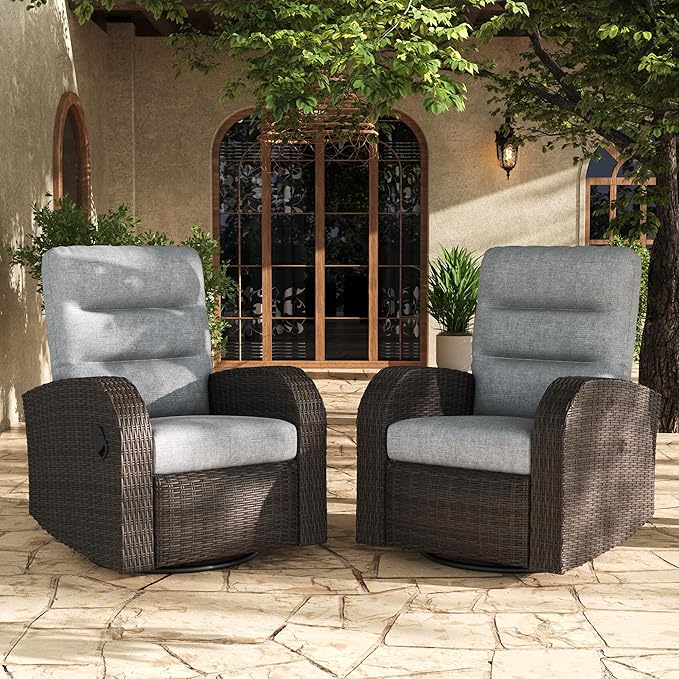 LayinSun Oversized Wicker Outdoor Swivel Glider Recliner with Adjustable Backrest & Footrest, Patio Reclining Lounge Chair - Set of 2