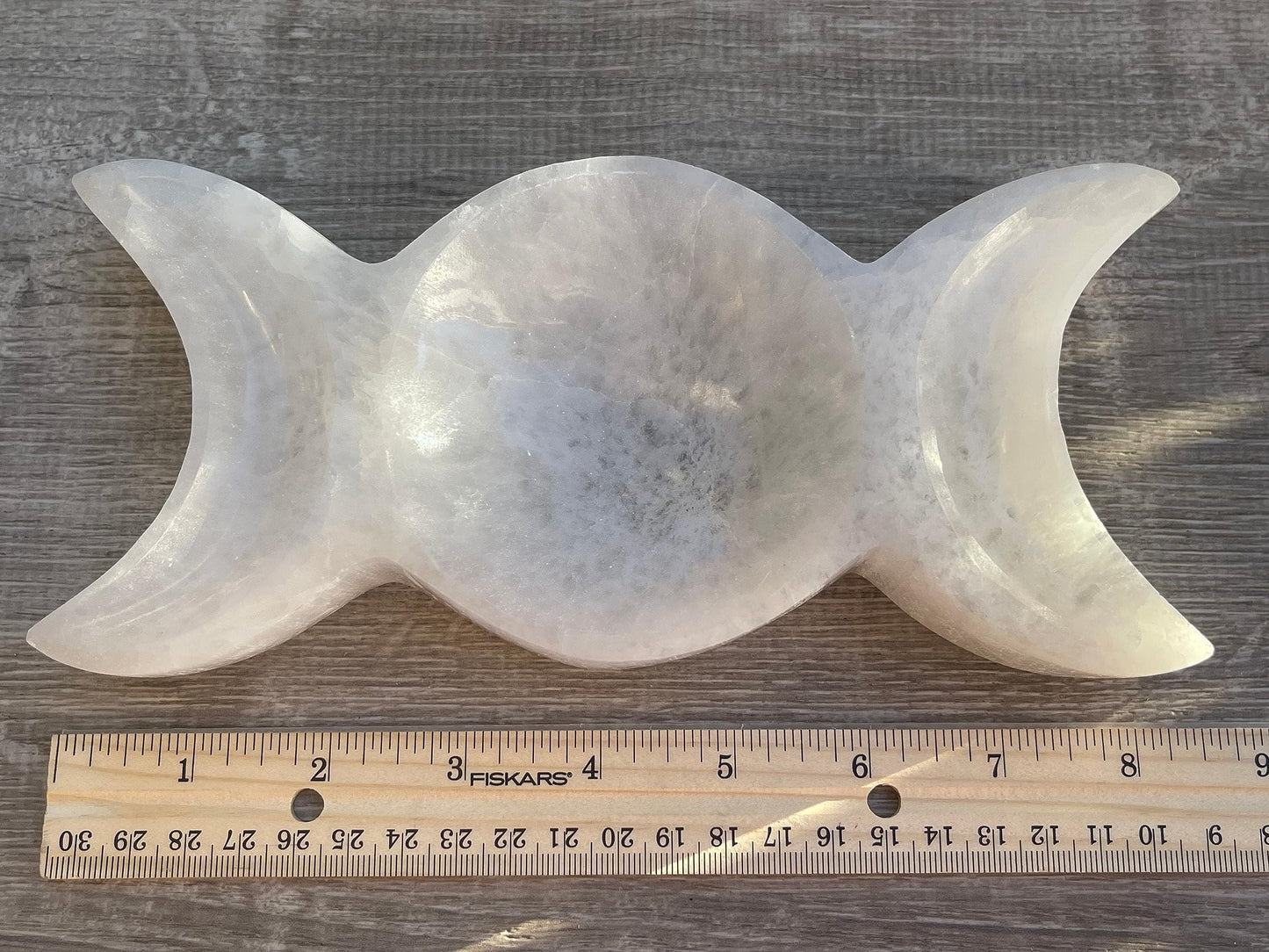 GAF TREASURES 8" Triple Moon Selenite Bowl, Gemstone Carved Selenite Crystal, Meditation Bowl, Reiki Bowl, Jewelry Holder, Crown Chakra, Cleansing, Charging, Healing