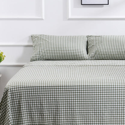100% Cotton Full Sheet Set - 4 Piece Cotton Sheets Full Size Bed Set, Soft, Smooth, Durable, Easy Care, 16" Deep Pocket Checkered Green Sheets - 1 Flat, 1 Fitted, 2 Pillowcases