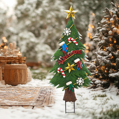 TERESA'S COLLECTIONS Christmas Garden Stake, Metal Outdoor Christmas Tree Decorations for Home, Welcome Sign with Solar Light, Green Waterproof Decoraions for Yard, Party Gifts,31"