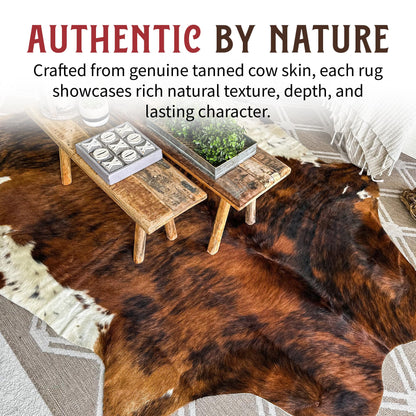 HIDES BAZAAR Real Cowhide Rug 5x7 ft - Natural Leather Hair-on-Hide Area Rug with Brown, Black & White Pattern (Brown Brindle) - Soft Western Cow Skin Rug for Living Room, Ranch Decor & Rustic Homes