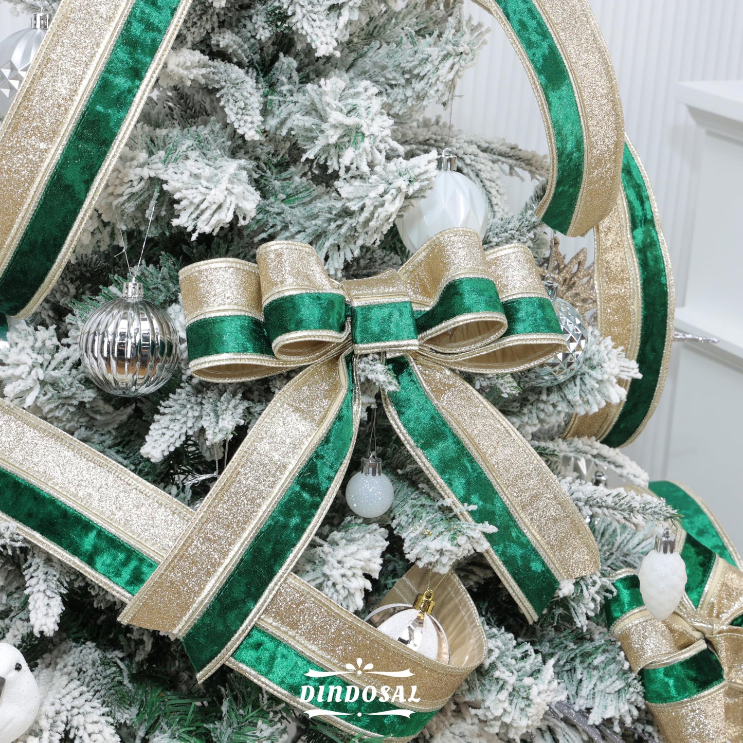 DINDOSAL Green Velvet Wired Ribbon, 2.5 Inch x 10 Yards