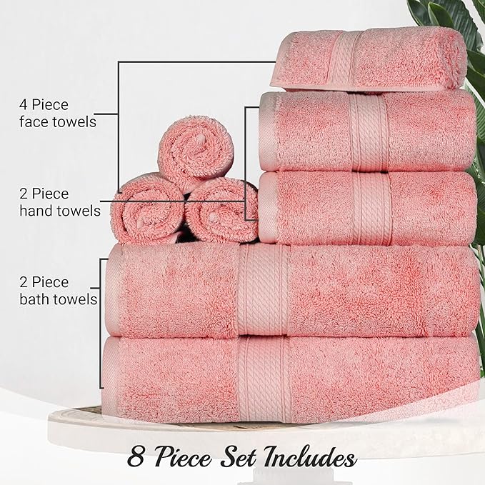 SUPERIOR Egyptian Cotton Pile 8 Piece Towel Set, Includes 2 Bath, 2 Hand