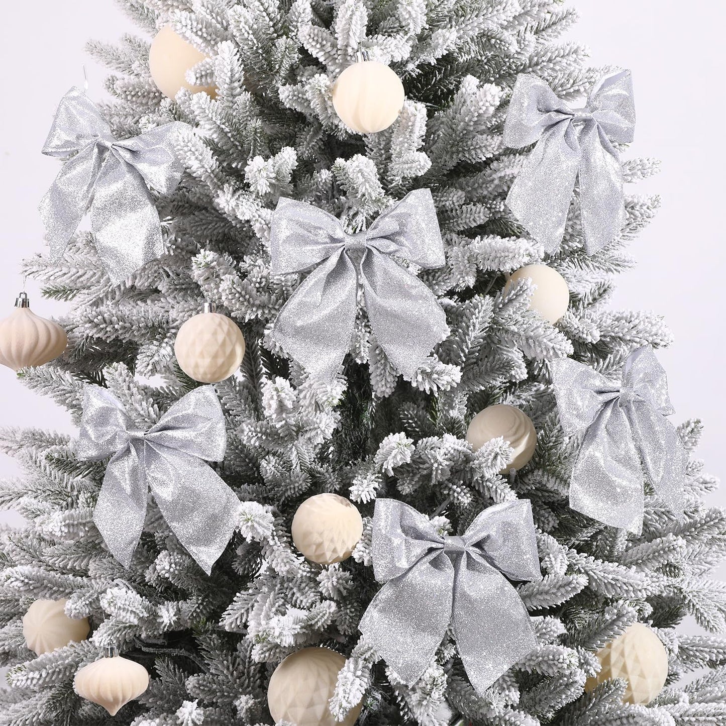 JOICEE 12 Pcs Glitter Ribbon Christmas Bows with Twist Ties,5.5 Inch Premade Metallic Xmas Bows for Christmas Trees Garland Wreath Gift Wrapping Decorations(Silver)