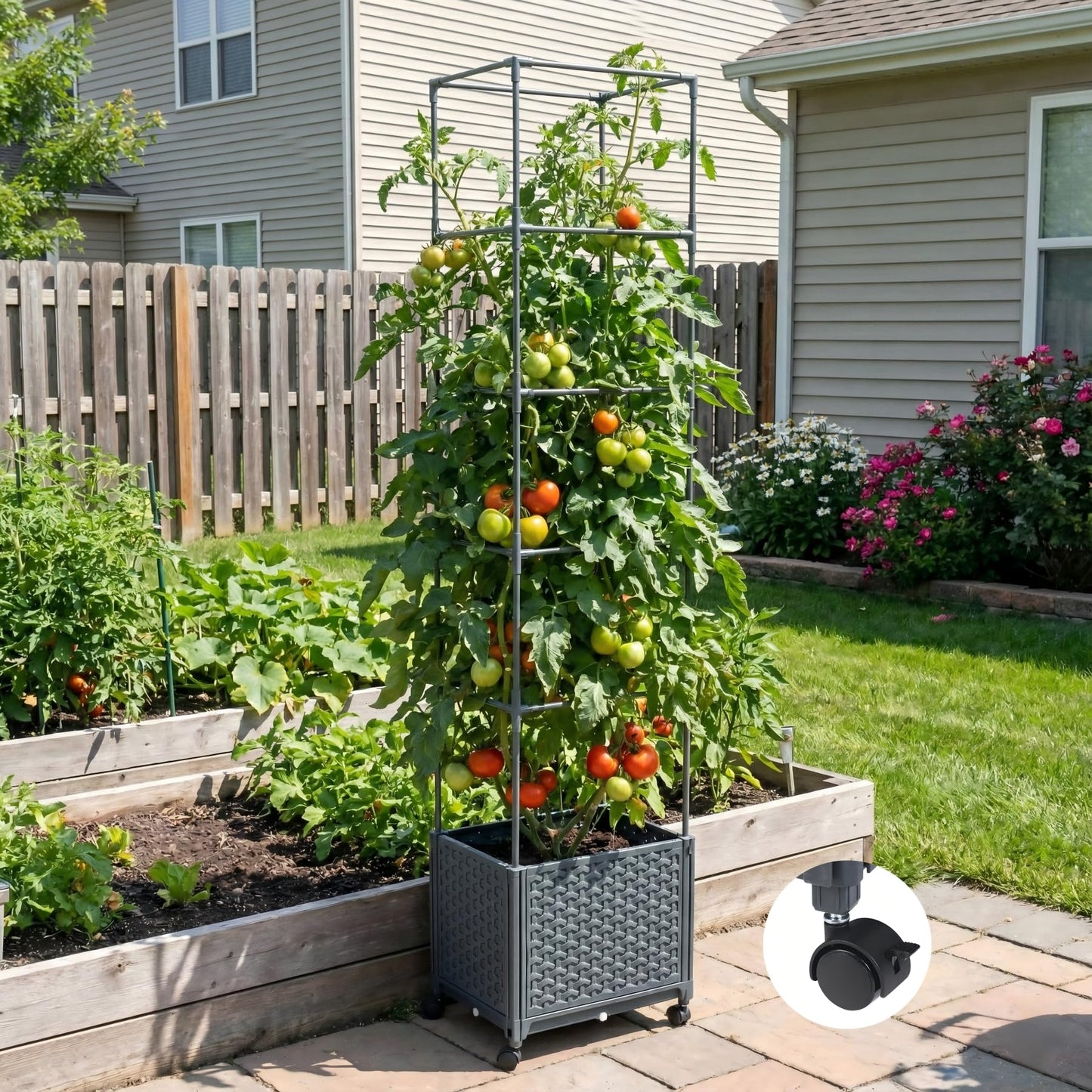KOBAZ Raised Garden Bed Tomato Planter Box with Trellis, 67.6" Tomato Planters Cage w/Self-Watering for Climbing Plants Vegetables, Patio Indoor Outdoor