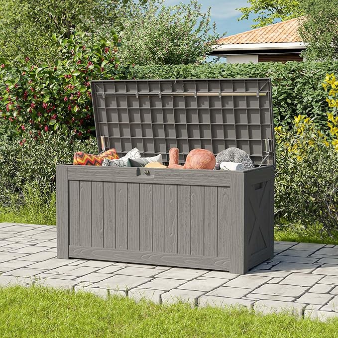 Patiowell 120 Gallon Large Deck Box, Outdoor Lockable Storage Box for Gardening Tools, Waterproof Deck Box for Patio Furniture, Light Brown