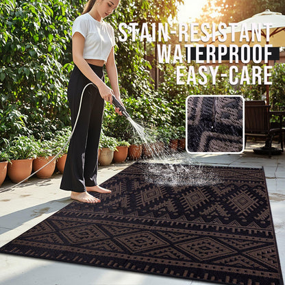 OLANLY Outdoor Rug Waterproof 10x14 ft, Reversible Outdoor Plastic Straw Rug, Boho Patio Rug, Indoor Outdoor Carpet, RV Mat Outside for Patio, Camp, Picnic, Balcony, Deck, Backyard, Black & Brown