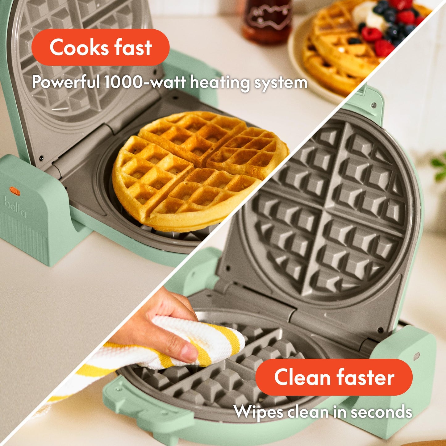 bella Flip-n-Store Waffle Maker with EverGood™ Ceramic Nonstick Coating, Fits-anywhere™ Kitchenware, Power Indicator Light, Cool Touch Handle & Cord Wrap, 7” Wide & 1" Deep Plates, 1000 Watt, Oatmilk