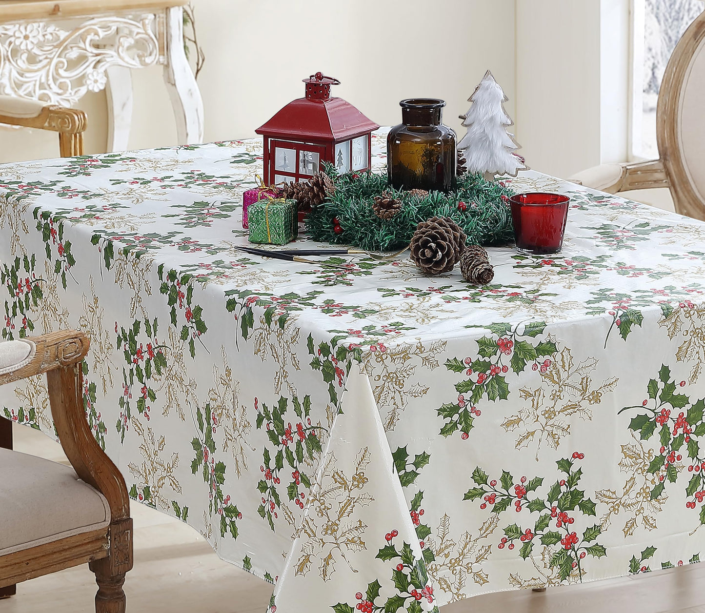 Newbridge Christmas Golden Holly Vinyl Tablecloth with Flannel Backing, Metallic Gold Holly & Berry Print, Wipe Clean Easy Care, 60 x 84 Inch Rectangle