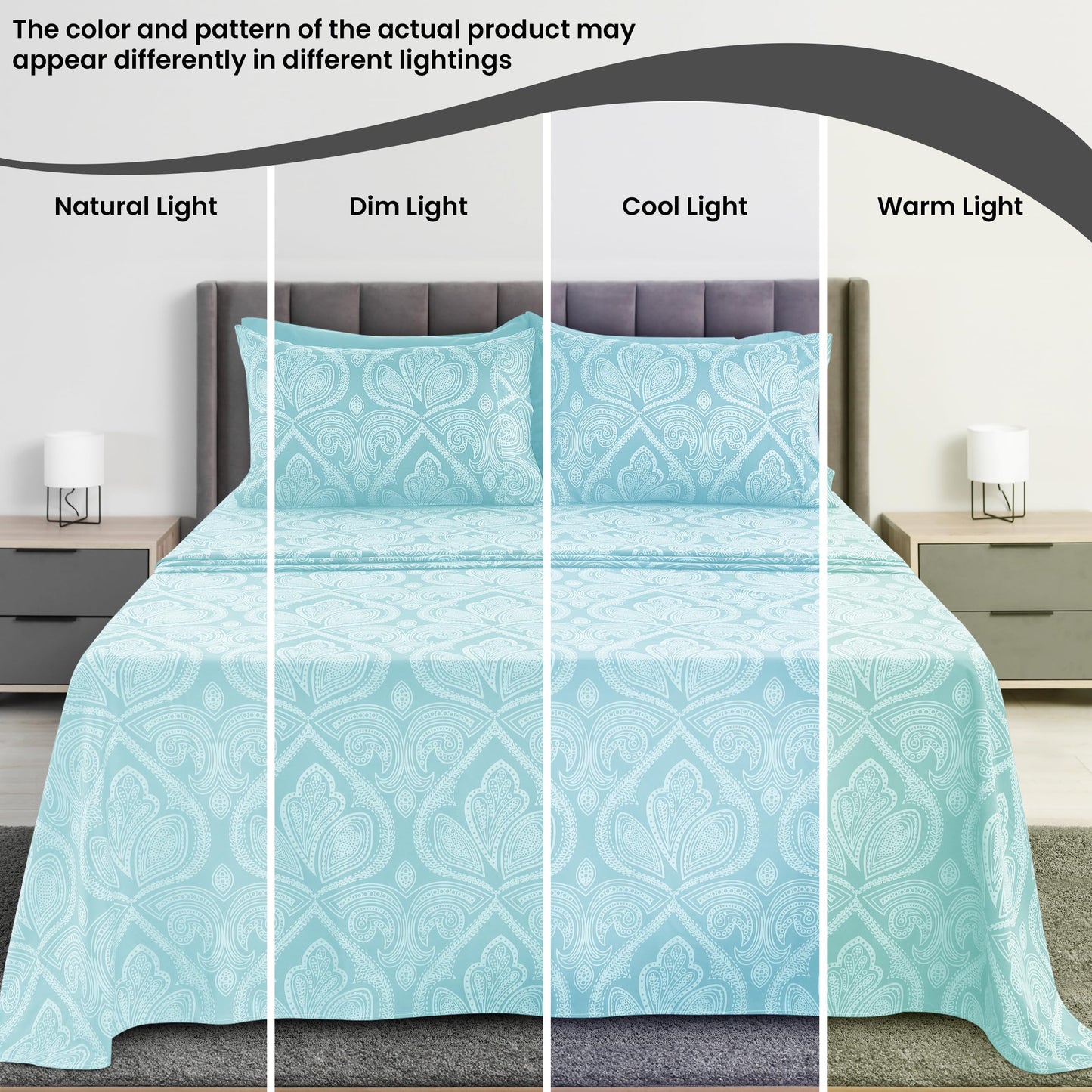 Ultra Soft Wrinkle-Free Microfiber Paisley King Sheet Set, Cute Floral Pattern Boho Print – 16" Deep Pocket Fitted Sheet, Flat Sheet & 4 Pillowcases, Breathable, OEKO-TEX - Blue