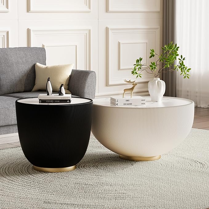 Black Round Side Table, 19.7" Faux Marble Fluted End Table