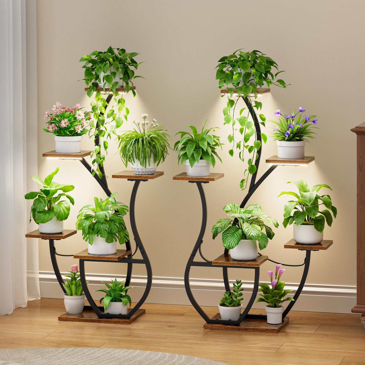 CODACE Plant Stand Indoor with Grow Lights - 2 PCS Indoor Plant Shelf, 6 Tiered Corner Plant Stands for Indoor Plants, Swan-Shaped Plant Holder, Metal Flower Display Rack for Living Room (Black)