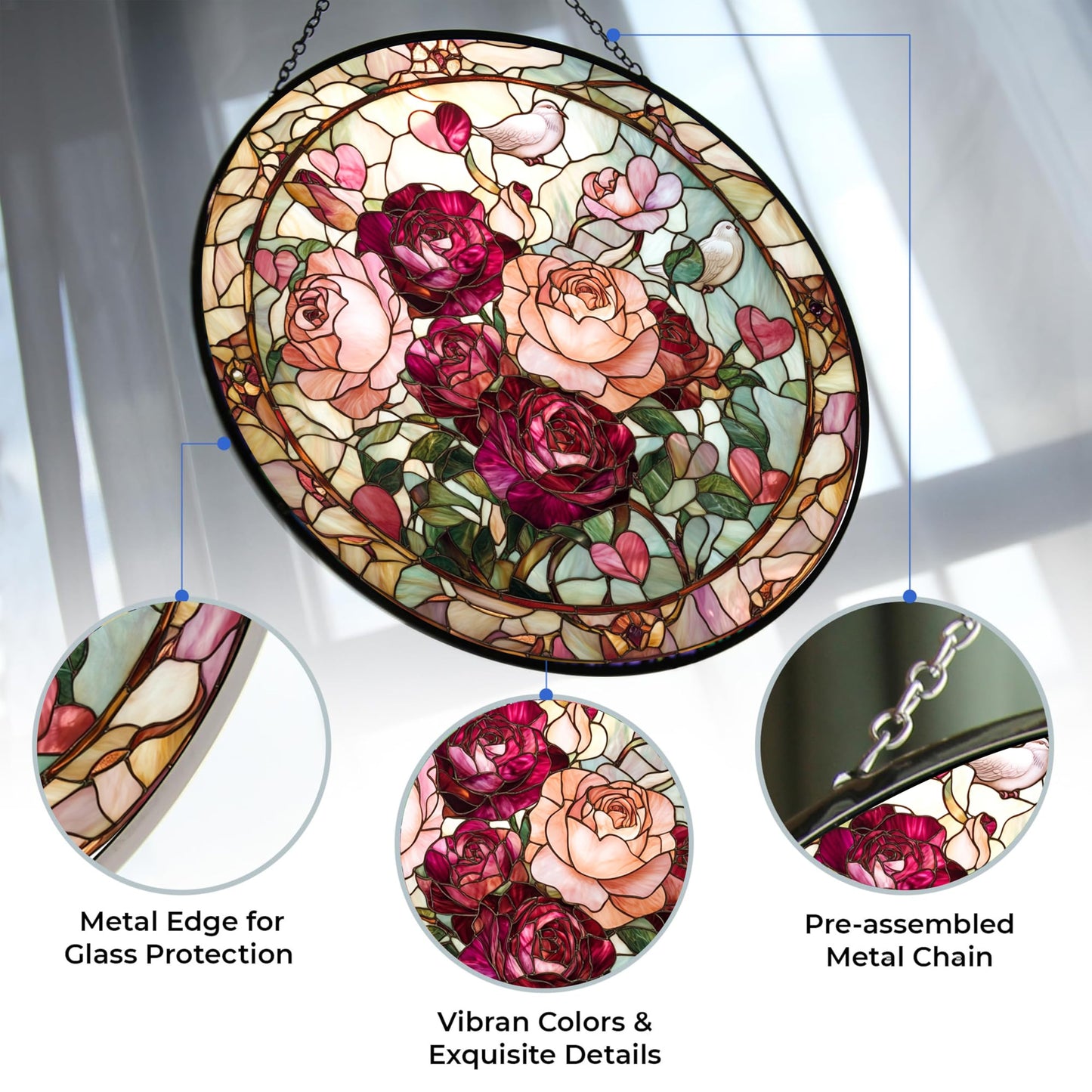 HYPESTYLE Valentine Blooming Roses Stained Glass Window Hanging by Clare Donovan, Suncatcher for Women, Stained Glass Window Decor Perfect Home Décor