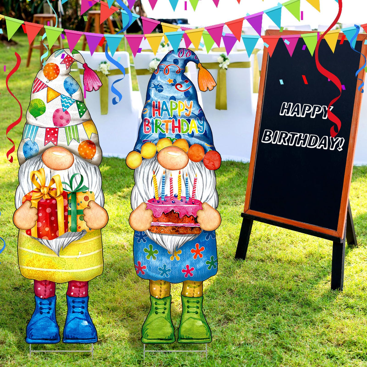 Umigy 3 Pcs 32 x 10 Inch Happy Birthday Yard Decor Outdoor Gnome Sign with Stakes Gift Boxes Cake Balloon Gnome Garden Sign Outdoor Yard Decor for Birthday Party Lawn Decorations