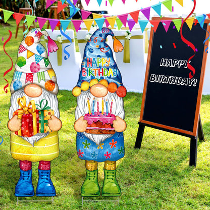 Umigy 3 Pcs 32 x 10 Inch Happy Birthday Yard Decor Outdoor Gnome Sign with Stakes Gift Boxes Cake Balloon Gnome Garden Sign Outdoor Yard Decor for Birthday Party Lawn Decorations