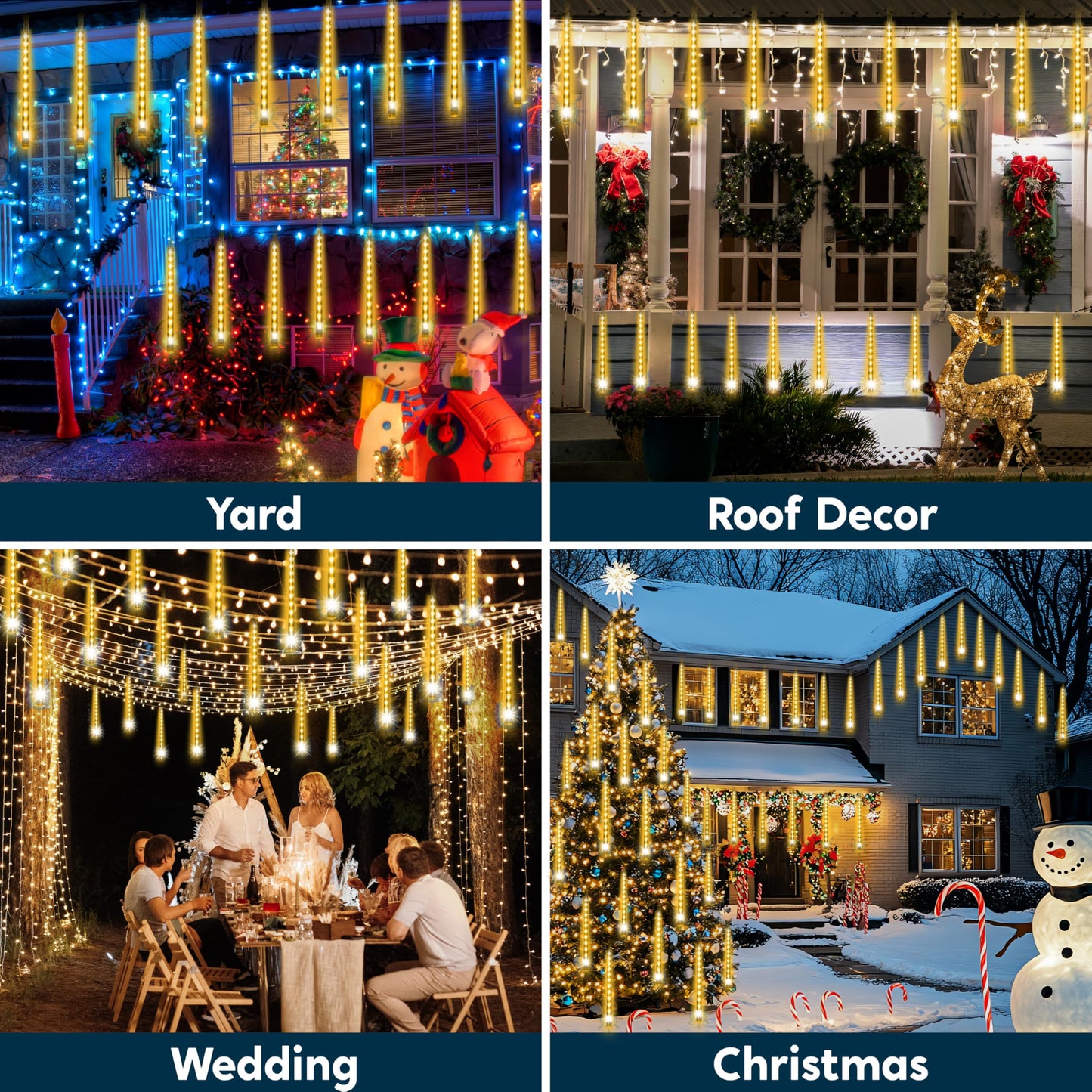 JOYIN Christmas Lights Outdoor,8 Tubes Meteor Shower Lights Warm White,192 LEDs, Snowfall Icicle Cascading Rain Light for Christmas Tree Decorations, Wedding Party Holiday Decor