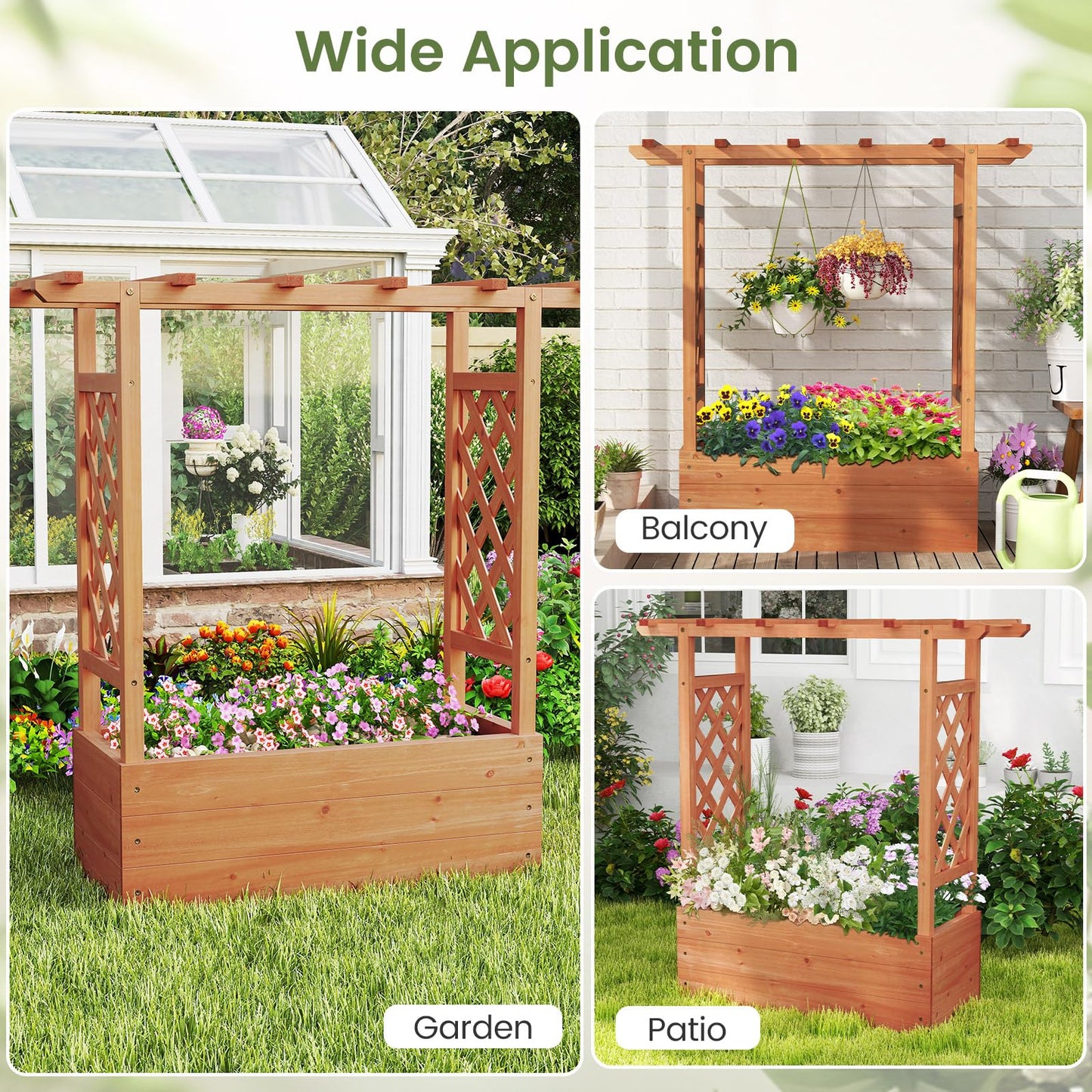 Giantex Set of 2 Raised Garden Bed with 2-Sided Trellis & Hanging Roof, Fir Wood Planter Box w/Drainage Holes, Freestanding Garden Planter for Flowers Herbs Climbing Vines (43"x15"x45")
