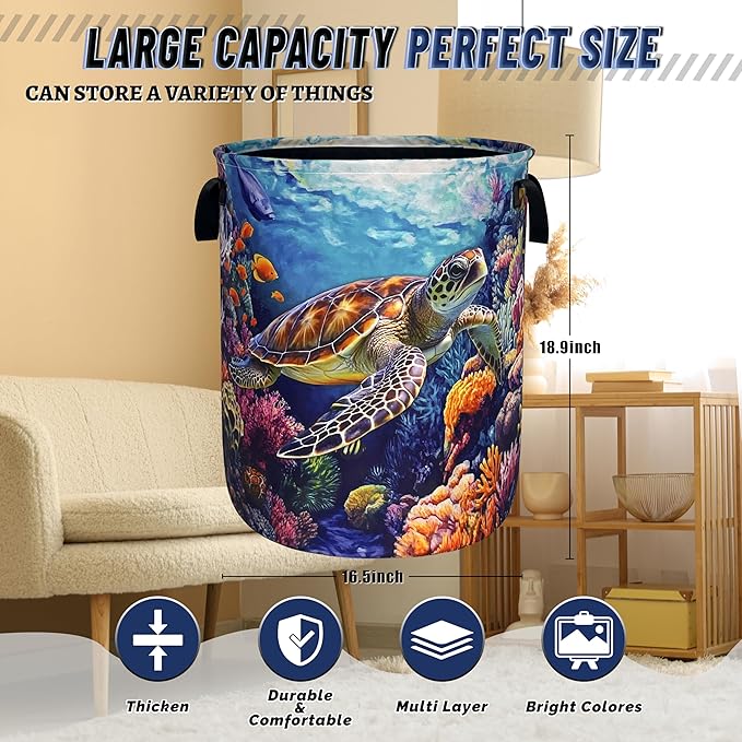 Funny Turtles Laundry Basket Oxford Cloth Ocean Animal Sea Turtle Laundry Hamper