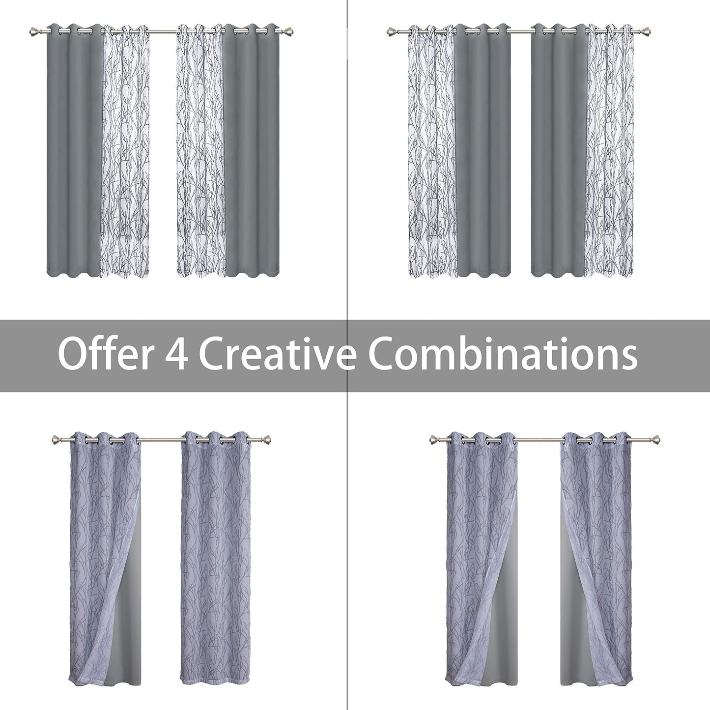 BONZER Mix and Match Curtains - 2 Pieces Branch Print Sheer Curtains and 2 Pieces Blackout Curtains for Bedroom Living Room Grommet Window Drapes, 37x84 Inch/Panel, Light Grey, Set of 4 Panels