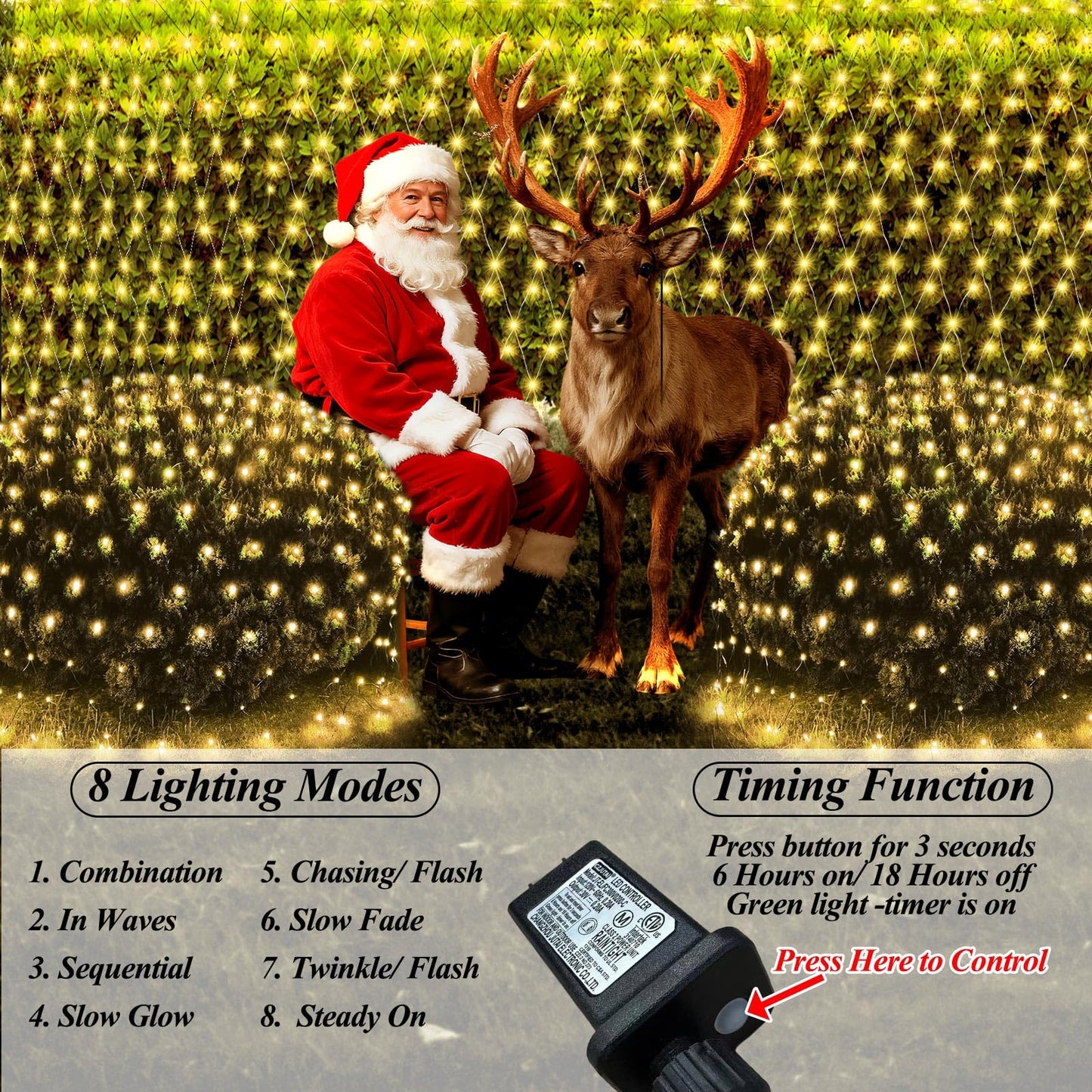 Lovelite 120 LED Christmas Net Lights, 5ft x 5ft Mesh Lights Outdoor 8 Modes Timer, Waterproof Connectable String Lights Clear Wire Plug in for Bushes Lawns Garden Holiday Wedding Party - Warm White