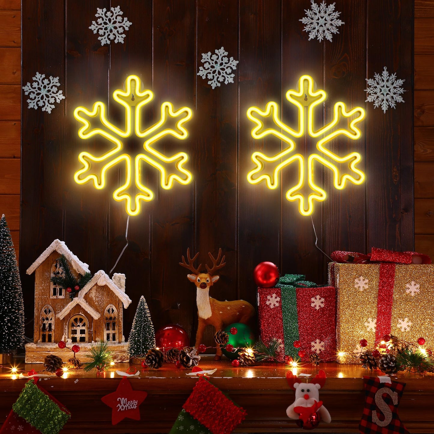 Enhon Christmas Neon Snowflake Light, 12 Inch Giant Snowflake Lights, Battery and USB Powered Christmas Curtain Neon Sign with Timer for Xmas Party Decoration(Warm White,2 Pack)
