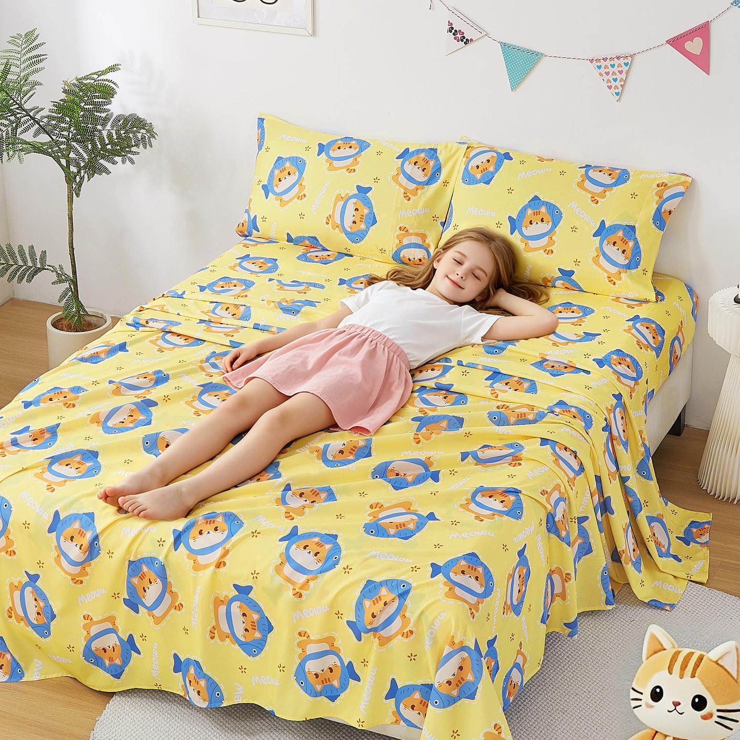 CozySmile Twin Sheet Set Kids,3 Pieces Breathable Soft Microfiber Bedsheets for Child Boys Girls, Oeko-TEX, Anti Pilling Deep Pockets Easy Care Bed Sheets, Cat Fish