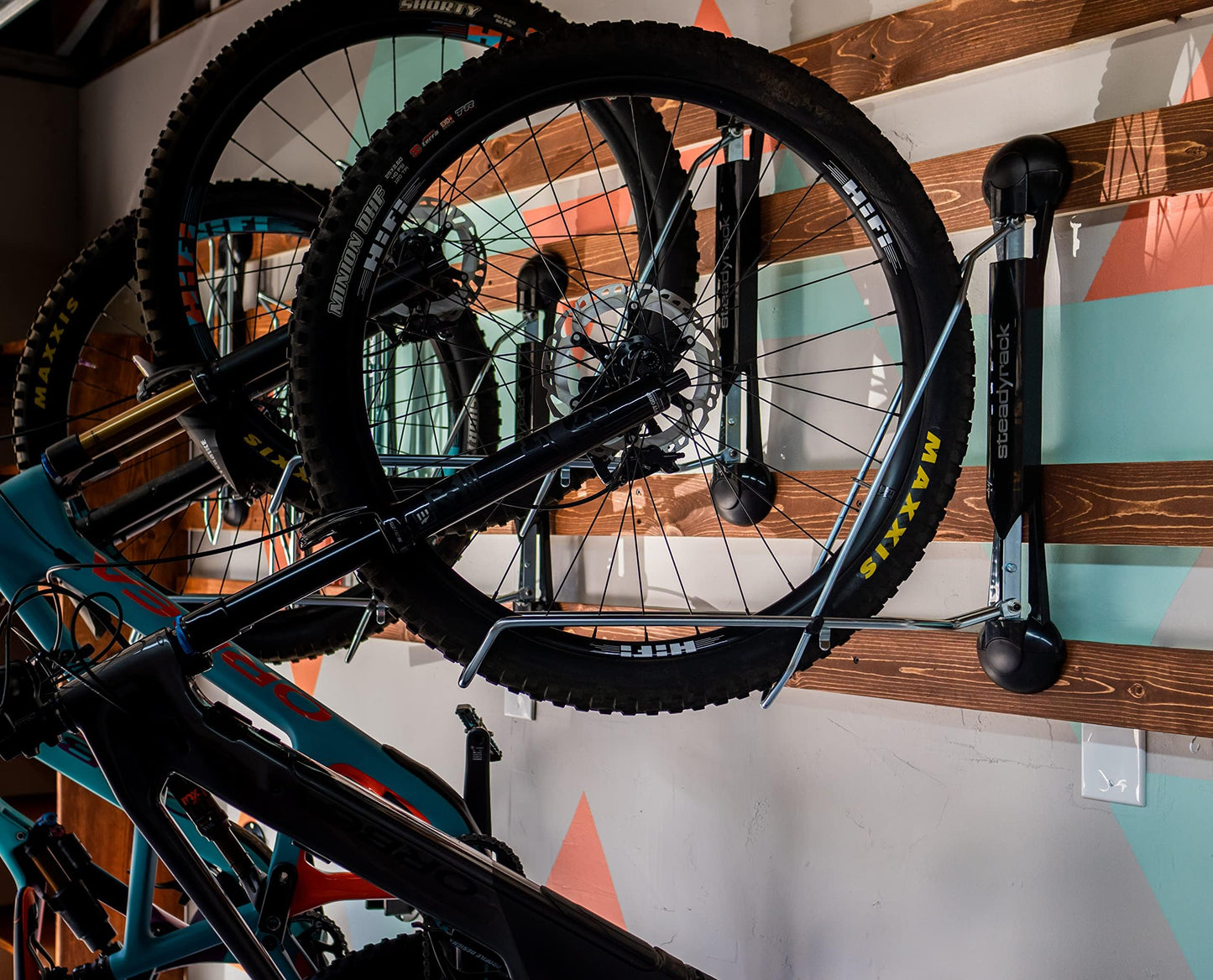 Steadyrack Bike Rack – Pivoting Mountain Bike Rack, Holds Up to 77 lbs, Fits 24"-29" Wheels, 2.1"-2.8" Tires, Foldable Wall Mount for Space-Saving Bicycle Storage - 2 Pack