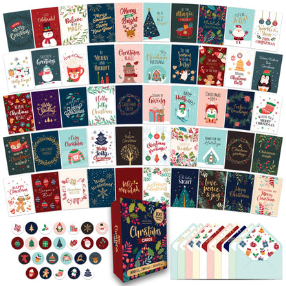 Decorably 100 Pack Foiled & Glittery Boxed 6x4in Assorted Christmas Cards with Envelopes and Stickers, 100 Unique Holiday Designs Seasons Greetings for Loved Ones, Printed Message - Gifting, Mailing