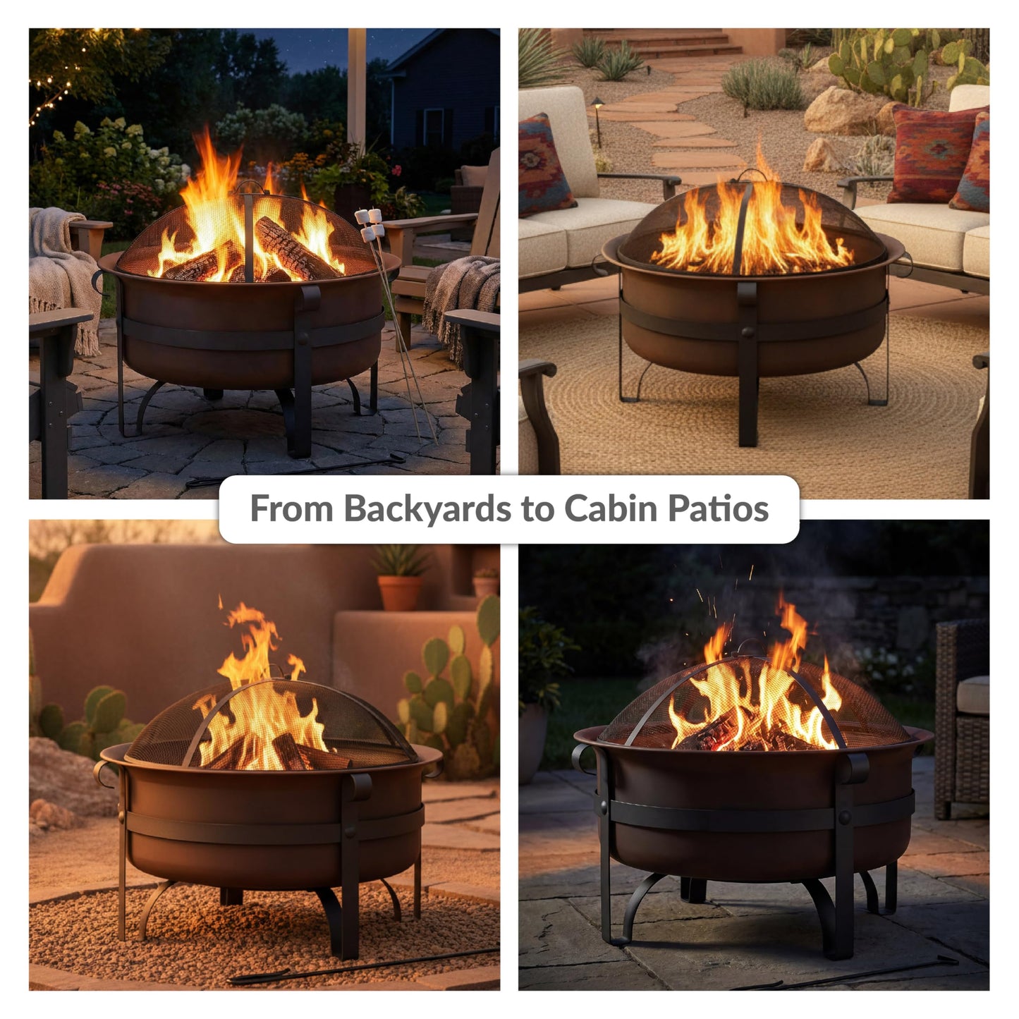 Sunnydaze Cauldron Wood-Burning Outdoor Fire Pit for Patio and Backyard - Round Steel Outside Firepit Bowl with Cover, Removable Ash Pan, Spark Screen, and Poker Tool - Dark Bronze - 29"