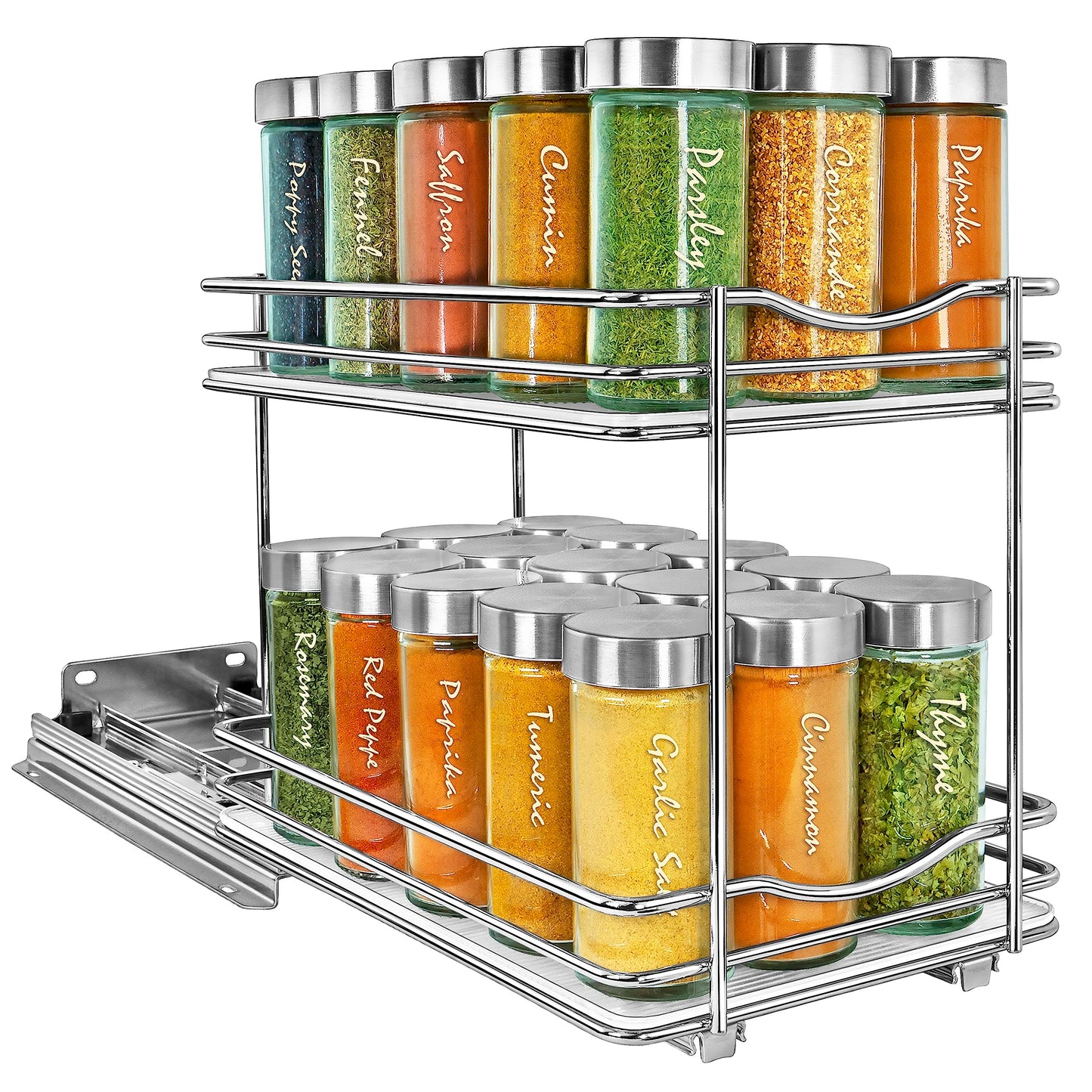LYNK PROFESSIONAL® Pull Out Spice Rack Organizer for Inside Kitchen Cabinets - 4-1/4 inch Wide - Slide Out Drawer – Chrome Sliding Spice Cabinet Organization Shelf Racks - 2 Tier